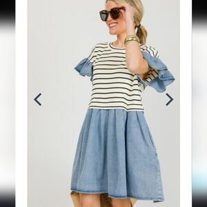 entro Striped Cream & Black Top with Light Blue Denim Skirt Mini Dress
